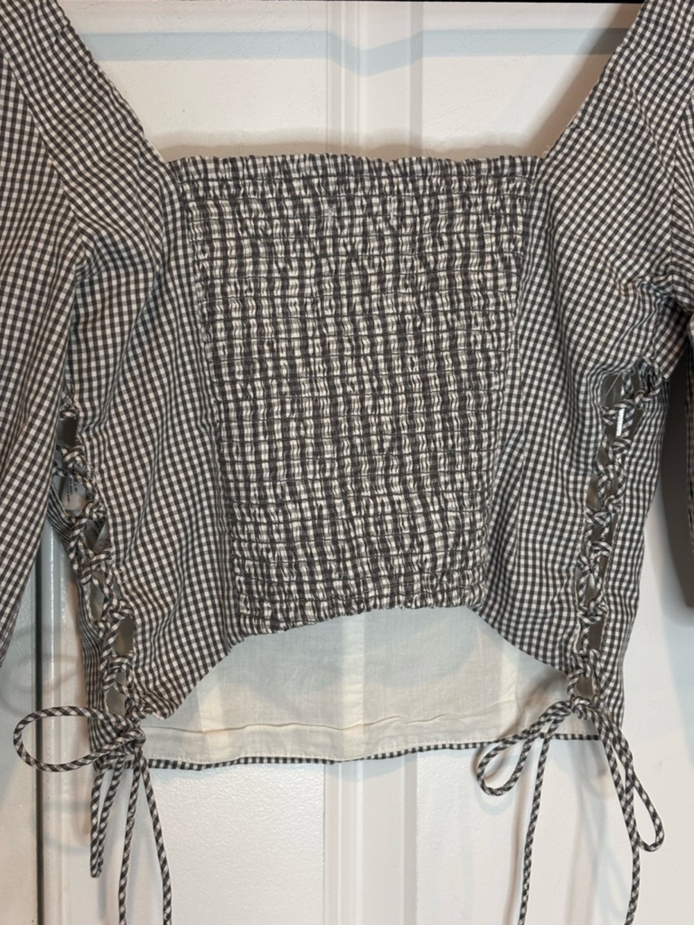 NWT Abercrombie & Fitch Gray White Gingham Puff Sleeve Lace Up Corset Crop Top M - Picture 6 of 8